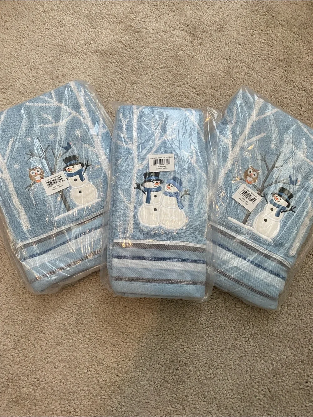 Blue Snowman Embroidered Bath Towel Set